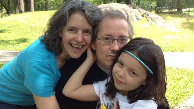 Rebecca Bratspies, her partner in life, composer Allen Schulz, and their 8-year-old daughter
