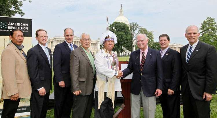 From left to right: Oneida Nation Council member Clint Hill, U.S. Sen. Pat Toomey (R-Pa.), U.S. Sen. Bob Casey (D-Pa.), Oneida Nation Council member Chuck Fougnier, Oneida Nation Representative Ray Halbritter, American Revolution Center Chairman Gerry Lenfest, U.S. Rep. Jim Gerlach (R-Pa.), and American Revolution Center President and Chief Executive Officer Michael Quinn