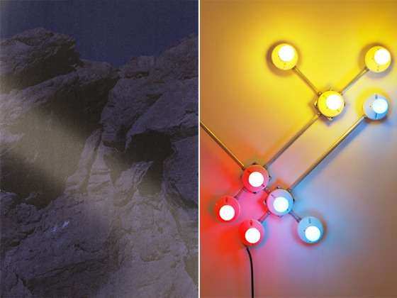 Left: A.K. Burns, "Hard Rock", 2012, Digital C-Print, 34 x 44 inches / Right: G.T. Pellizzi, "Conduit in Red, Yellow, & Blue" (Detail), 2011, Light bulbs, galvinized steel, convolute porcelain, and wire
