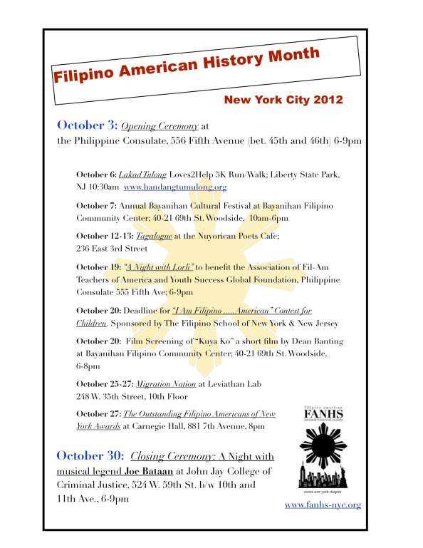 Calendar of activities for October 2012 Filipino American history month