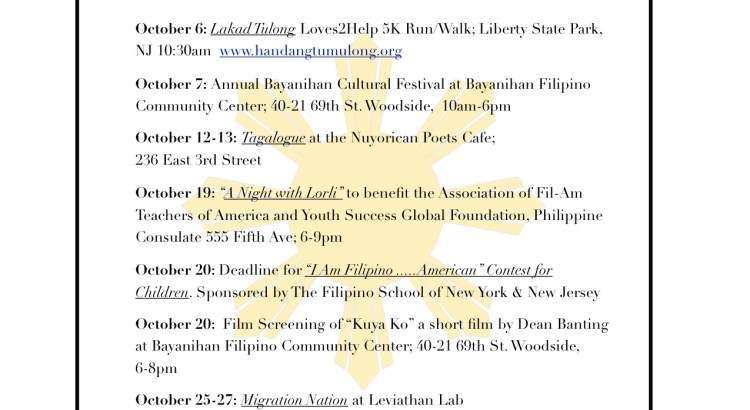 Calendar of activities for October 2012 Filipino American history month